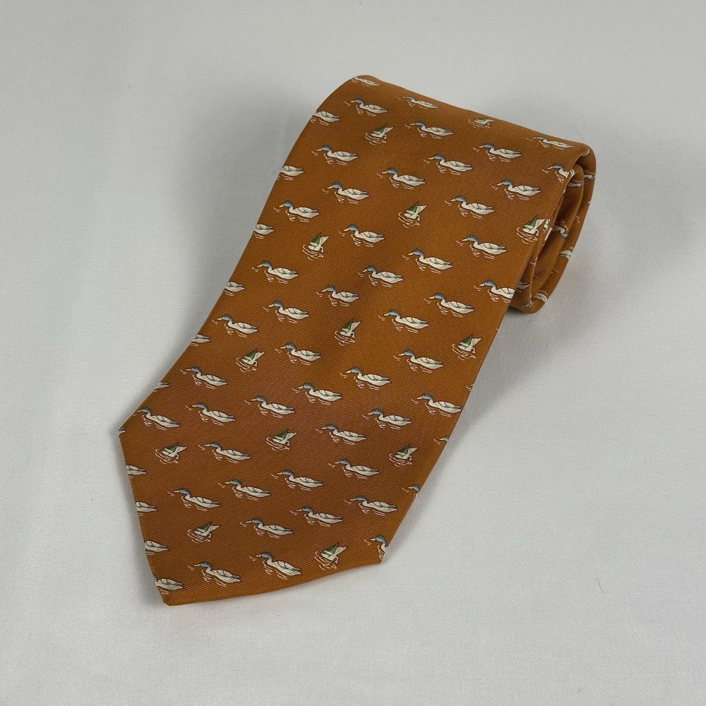 Brooks Brothers 346 Silk Tie Orange w/ Duck All Over Made In USA 3.75"W 58"L